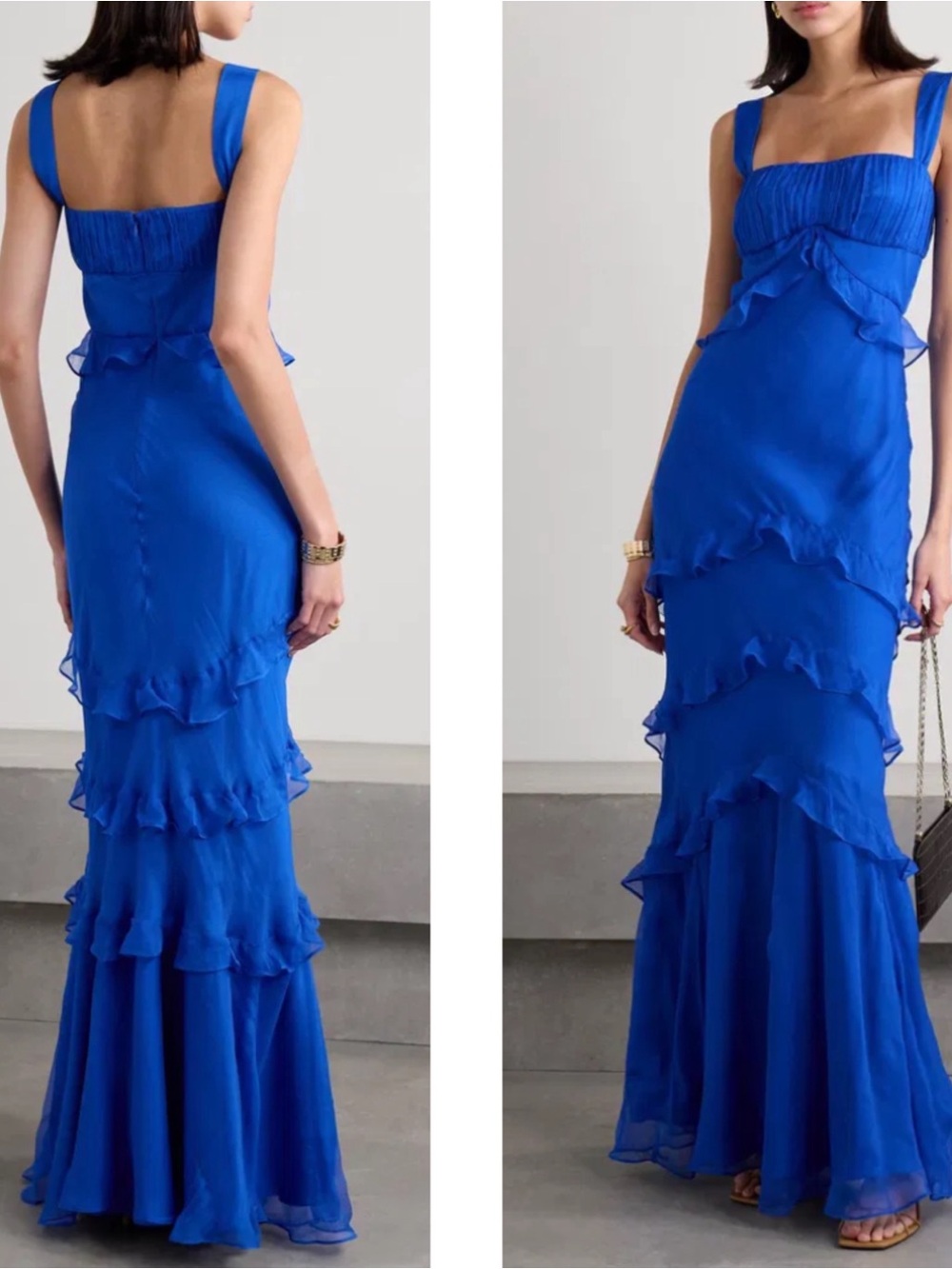 SALONI Chandra Ruffled Plisse Silk Georgette Tiered Blue Maxi Dress Size 8